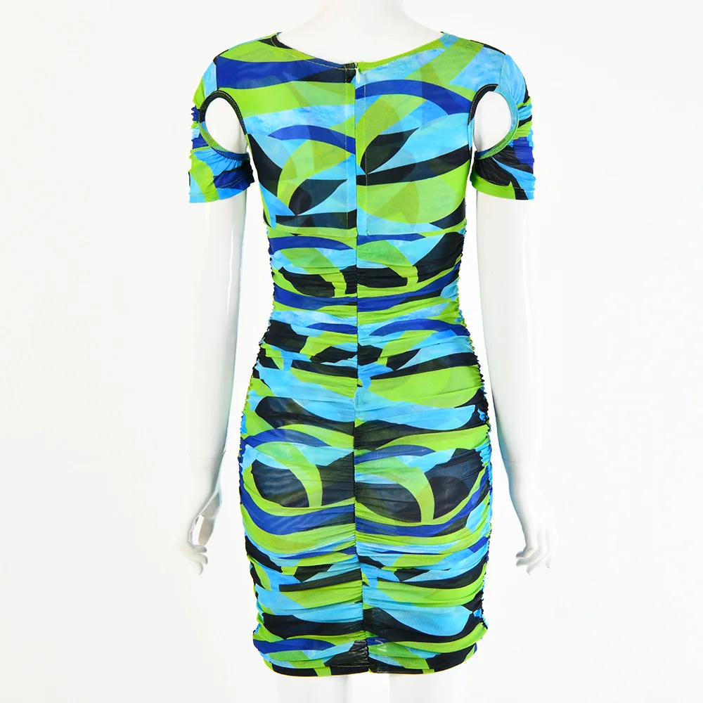 

Women Ruched Printed Sheath Mini Dress Summer Fashion Casual Sexy Cut Out Slim Mini Dresses Female Short Sleeve Fitness Dress