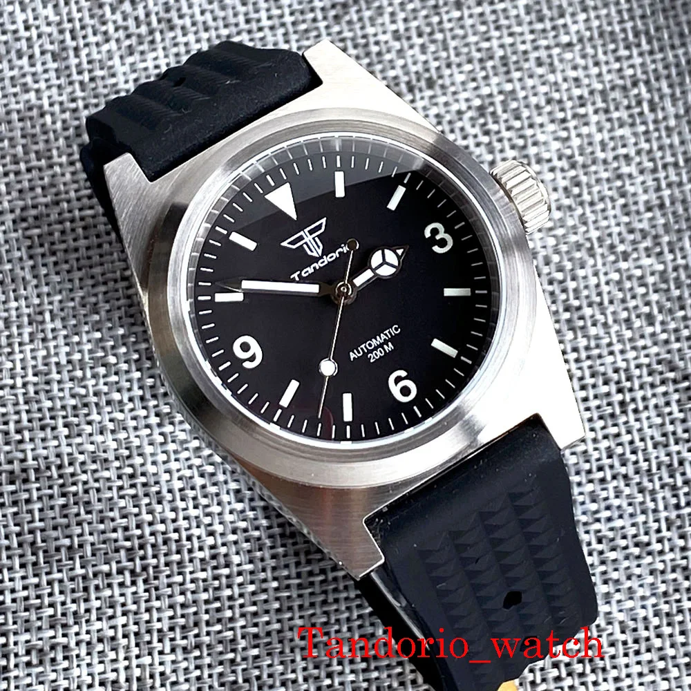 

38mm Tandorio Brushed Case Sapphire Glass 200m NH35A PT5000 Coffee/Black Dial Luminous Automatic Men Watch Black Waffle Strap