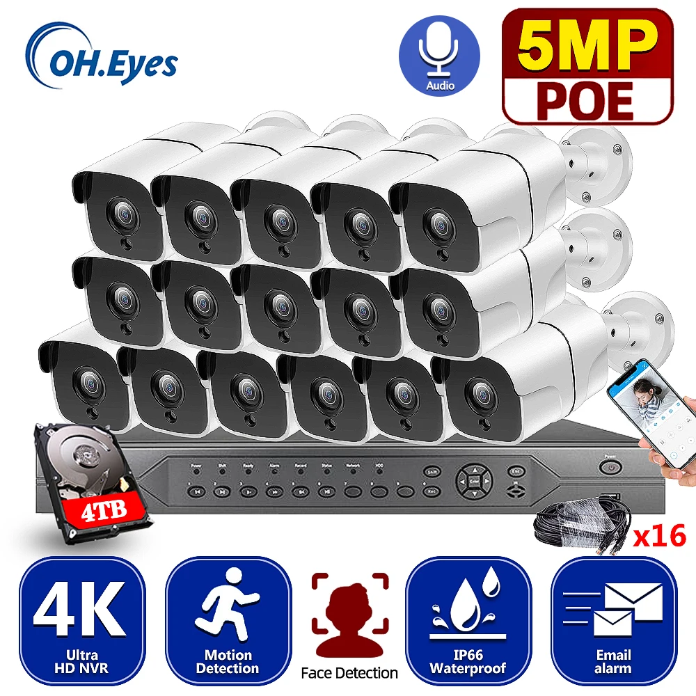 

Комплект видеонаблюдения OH.EYES 4K 16CH 5MP H.265 + система аудио POE CCTV NVR Kit наружная IP66 водонепроницаемая IP-камера 5MP комплект наблюдения