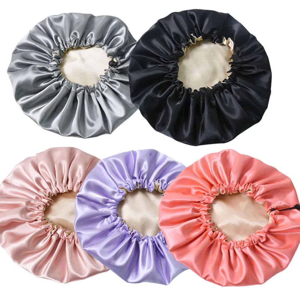

Adjustable Shower Hat Shower Cap Satin Bonnet Bath Hair Wrap Double Layer Sleeping Elastic Band Hat Travel For Women Girls