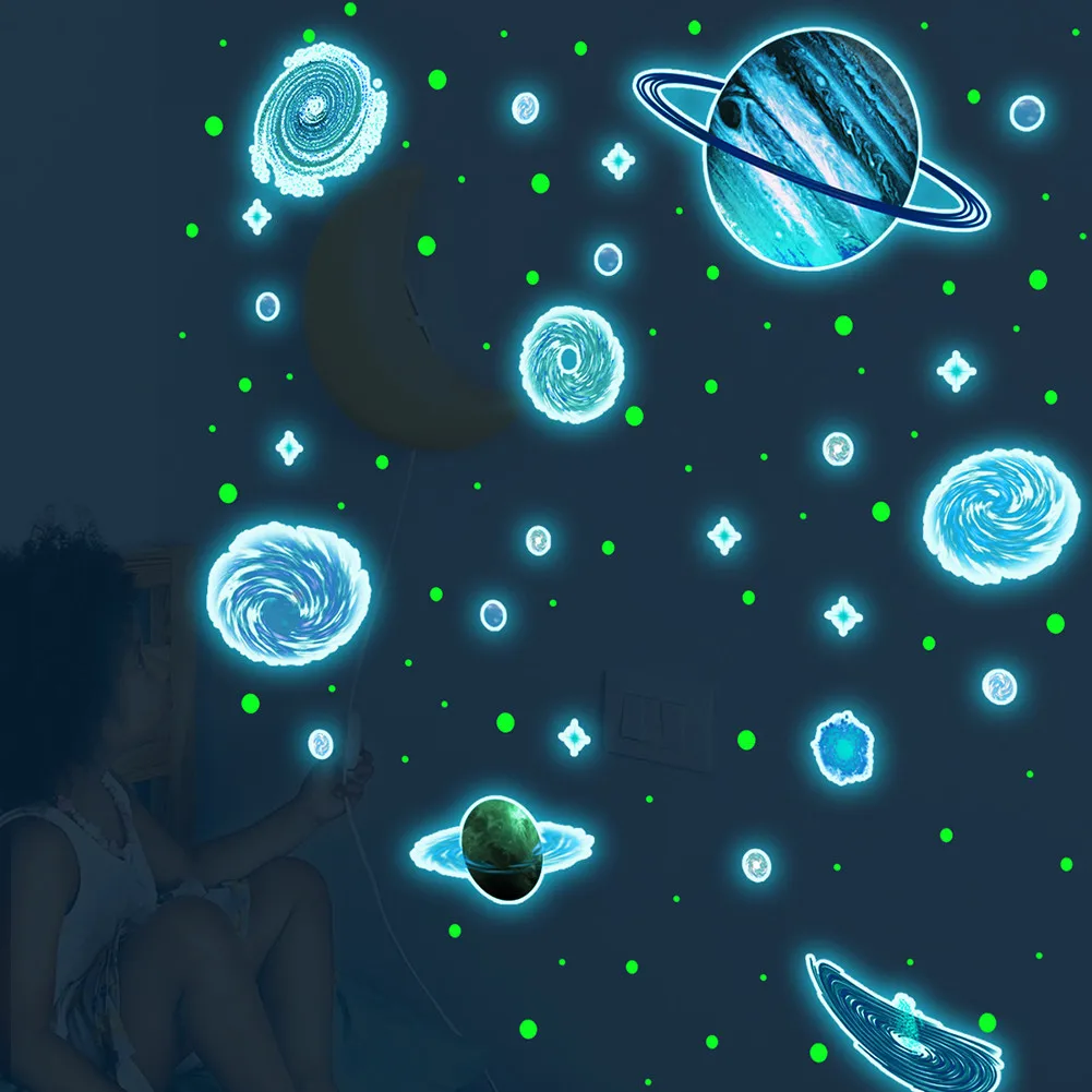 

Luminous Moon Stars Dots Wall Sticker Blue Cosmic Planet Bedroom Children's Room Dormitory Background Wall Decorative Stickers