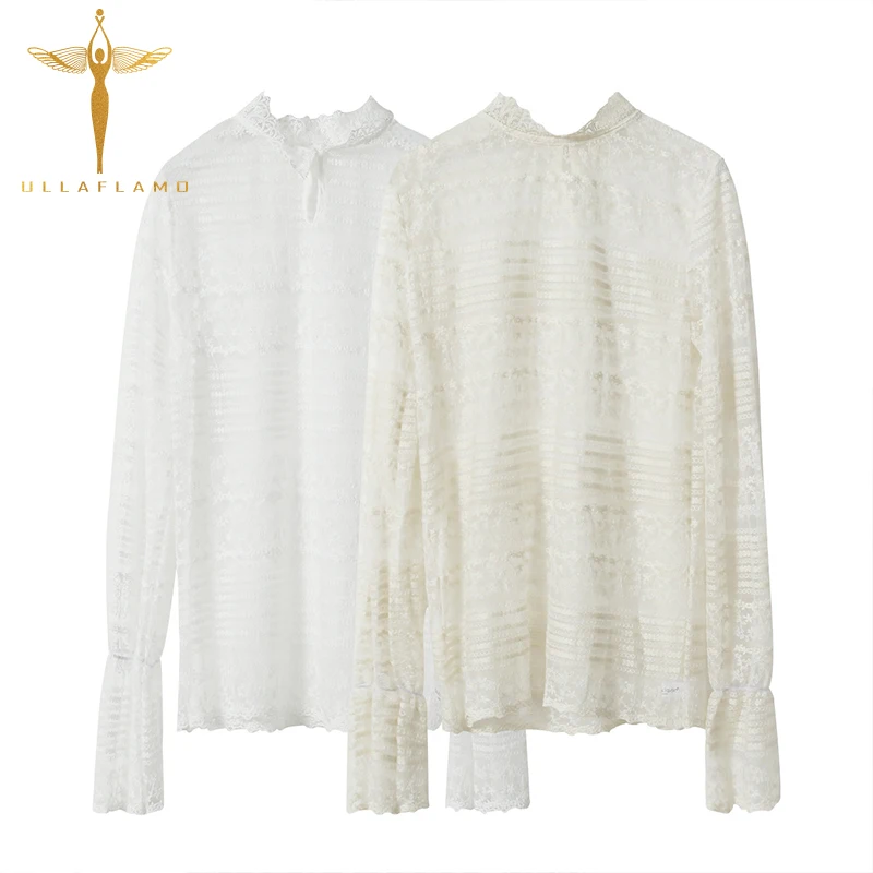 

Floral Print See-Through Flared Sleeve Slim-Fit Shirt Hollow Stand Collar Lace Top Elegant Sweet Ladies Pure White Clothing
