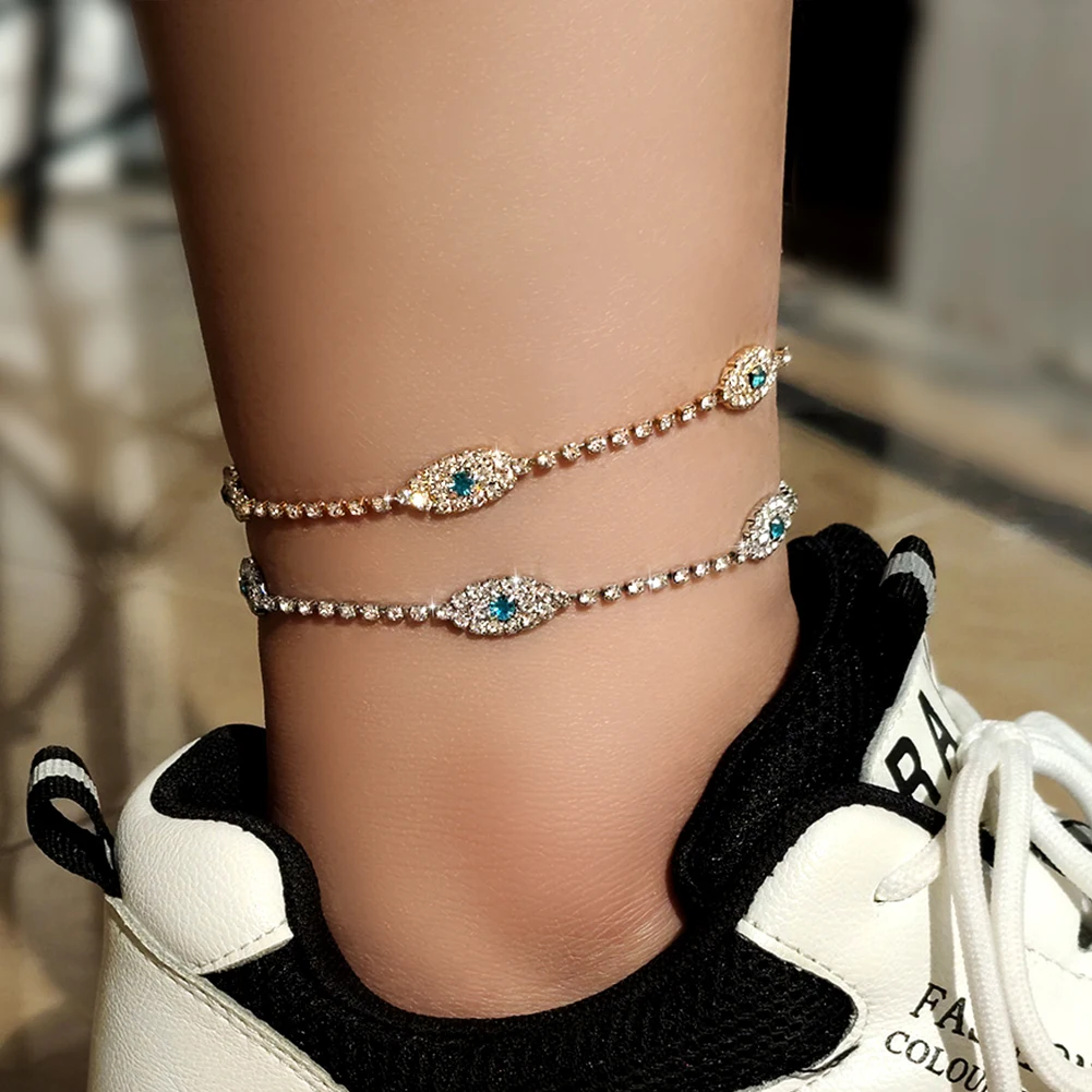 

INS Fashion Evil Eyes Rhinestone Gold Silver Color Anklets for Women Shining Full Crystal Tennis Chain Anklet Leg Chain Jewelry