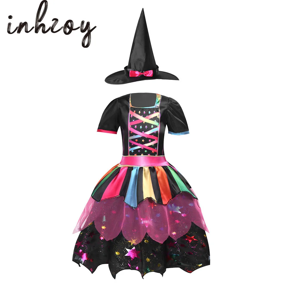 

2Pcs Kids Girls Halloween Cute Witch Cosplay Dress Set Costume Puff Sleeve Rainbow Colorful Stripes Stars Print Layered Dresses