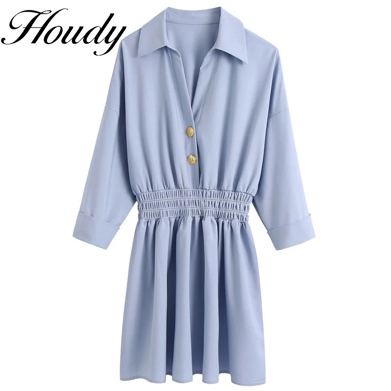 

Fall Women Fashion Golden Buttons Elastic Waist Mini Dress Ladies Summer Three Quarter Sleeve Casual Slim Sexy Pure Color Clothe