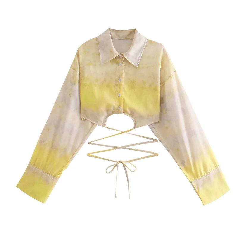 

TRAF женские 2021; С отложным воротником с принтом тай-дай EffectBlouse подол с отделкой, на шнуровке; Платье с длинными рукавами короткая рубашка с принтом забавных животных в уличном стиле