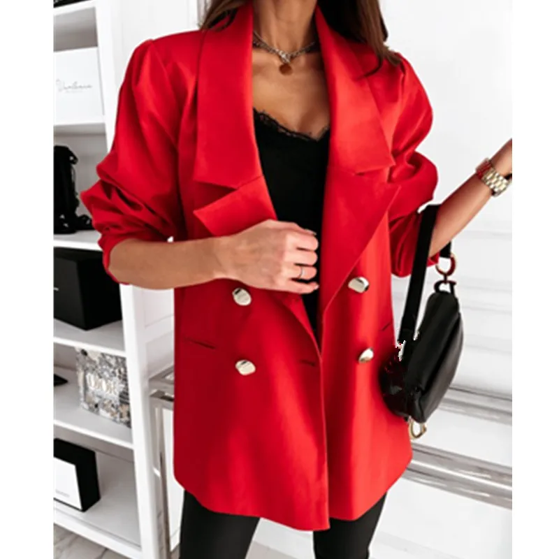 

2021 Office Lady Woman Jacket Spring Solid Casual Blazers Long Sleeve Slim Double Brewed Notched Blazers Women