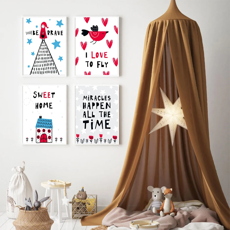 Kawaii фея и птицы на холсте Плакаты принты для детской Картина милый дом стены