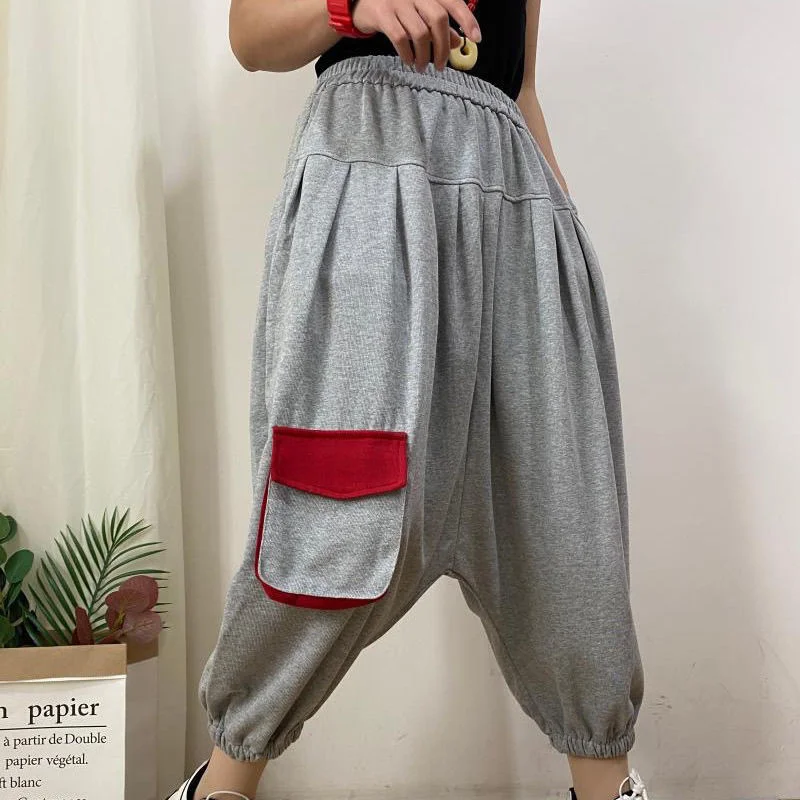 

Fashion Women Harem Pants Elastic Waist Loose Drop-crotch Trousers Men Streetwear Personality pocket Casual Joggers Pants