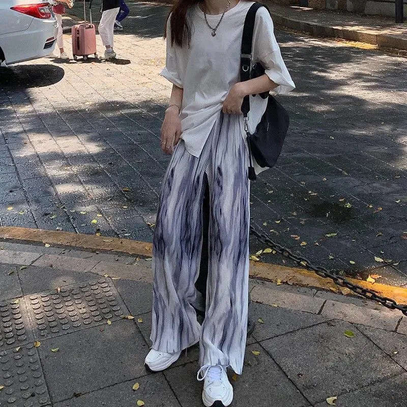 

New Summer High Waist Wide Leg Casual Pants For Women Plus Size Tie Dye Loose Elastic Female Trousers