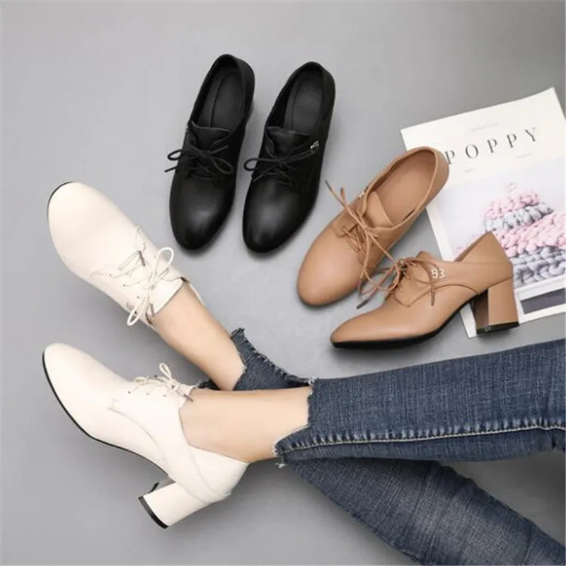 

New Soft Cowhide Lace-up Genuine Leather Shoes Women High Heeled Shoes Deep Mouth Comfort Heel High Shoes Fashion Casual Shoes