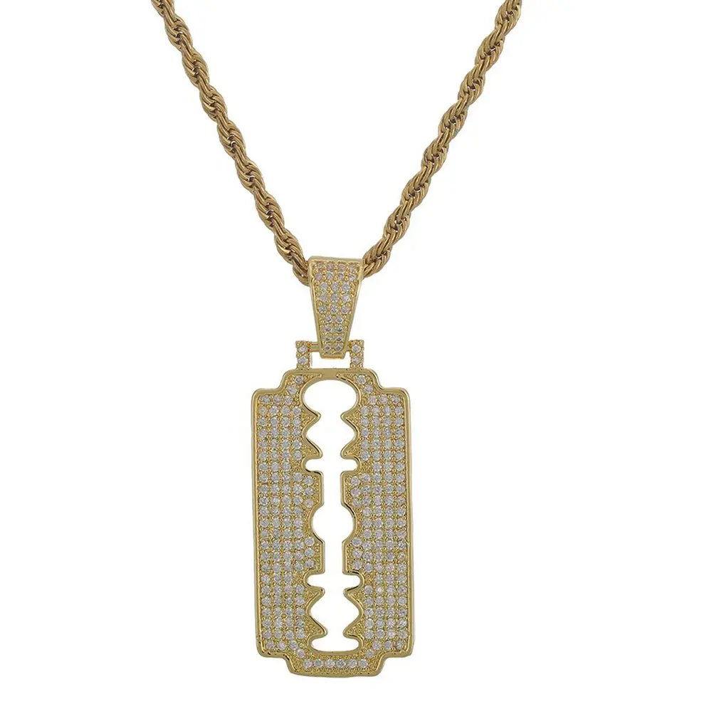 

Hip Hop Chain 18k GOesesld Plated Iced Out CZ Razor Blades Double Fringe Necklace Pendant Hip Hop 22+3" Chain