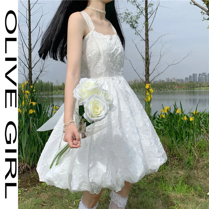

White Elegant Dress White Women Ball Gown Suspenders Backless Bow Sweet Kawaii Princess Lolita Sleeveless Dresses Vestidos