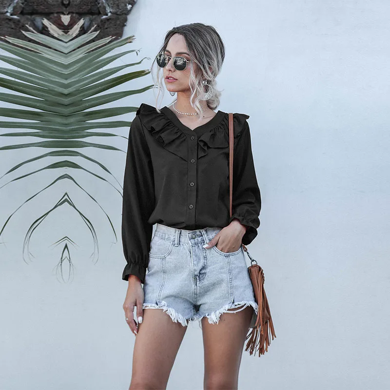 

2021 New Spring Summer Fashion Casual Solid ColorV Neck Ruffled Chiffon Single Breasted Flared Sleeve Blouses Women Chic Top