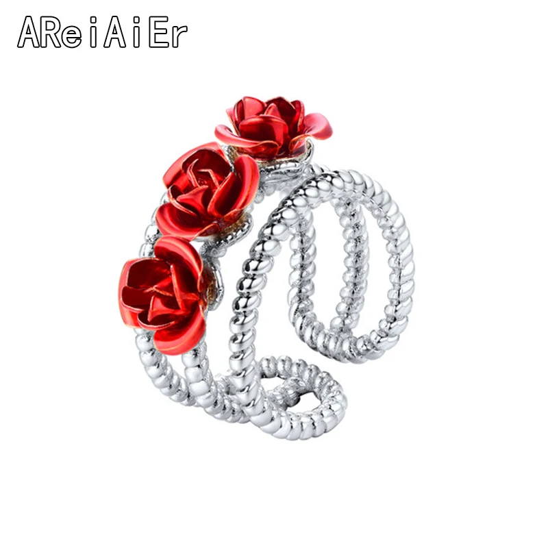 Женское кольцо с красной розой и листьями Открытое изменяемым размером подарок