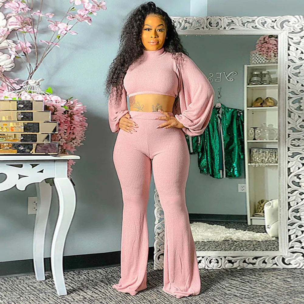 

Твердая ребристые Эластичный Высота 2 из двух предметов тренировочный костюм с длинными Фонари однотонной расцветки с высоким воротником и...