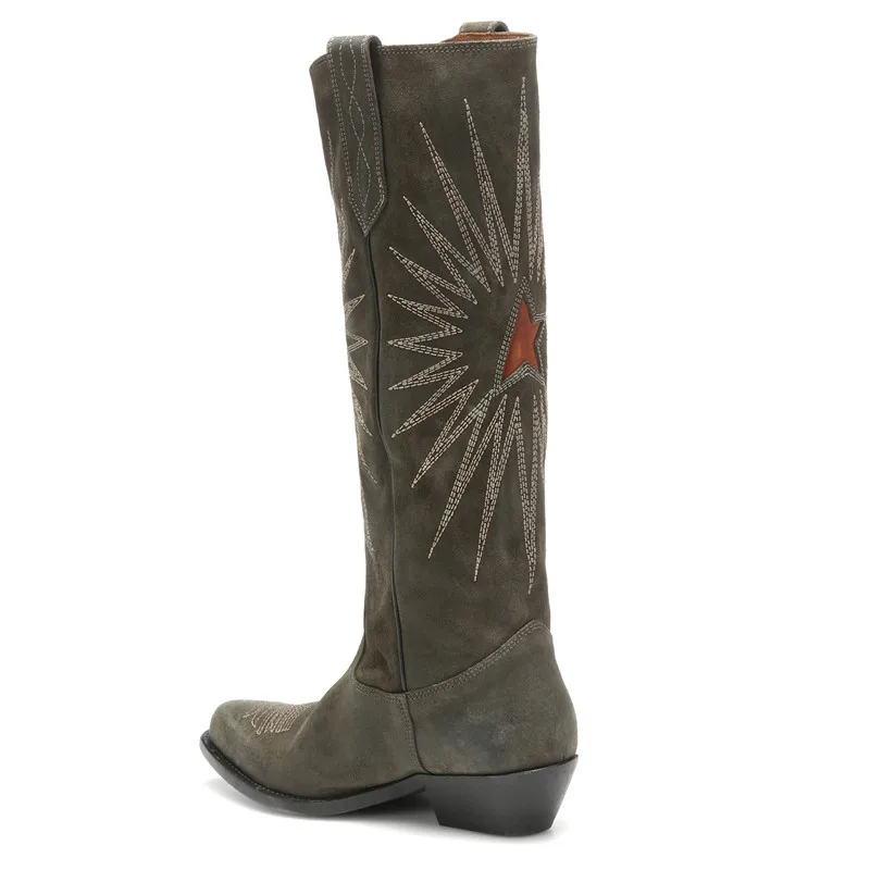 Сапоги с вышивкой; женские сапоги с острым носком, украшенные вышивкой; Bottes; узкие сапоги до середины икры с вышивкой в виде звезд; Botas; коллекция года; сезон осень-зима; Новое поступление; сапоги; Mujer