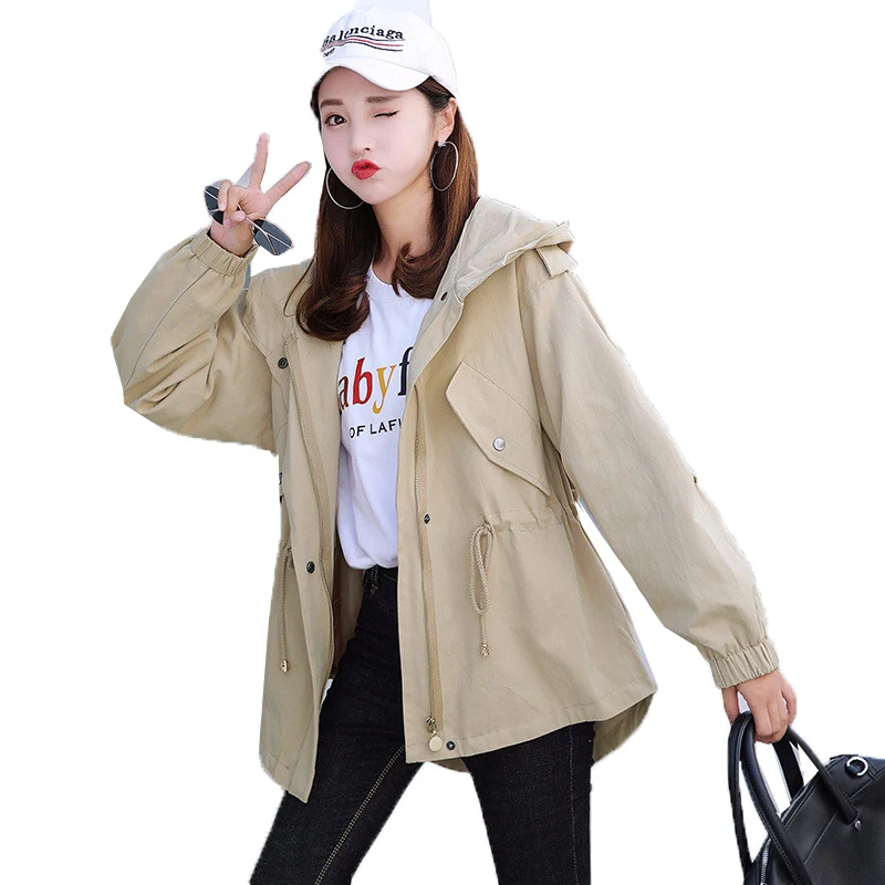 

Women's Jacket Overwear Korean Hooded Drawstring Ladies Windbreaker Outerwear New Spring Autumn Zipper Loose Coat Tops Female