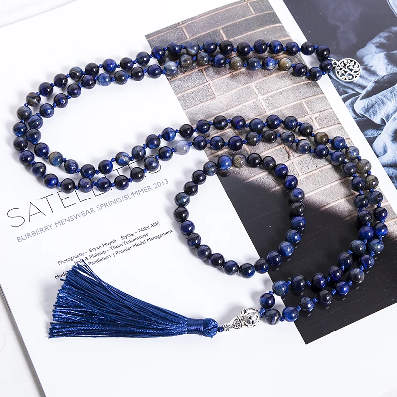 

8mm Natural Lapis Lazuli Tiger Eye Stone Beaded Knotted Necklace Meditation Yoga Jewelry 108 Japamala Rosary Tree of Life Amulet