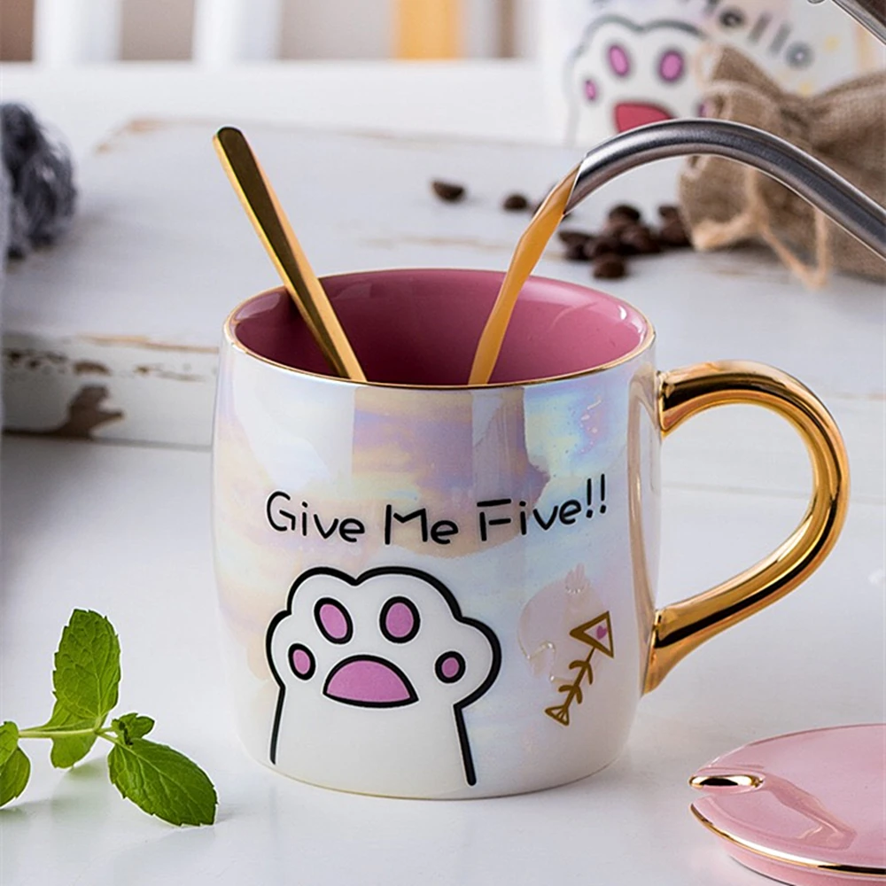 

Мультяшная керамическая кружка с котом и крышкой и ложкой, кофейные молочные кружки, милая креативная чашка для завтрака, подарок на день Св...