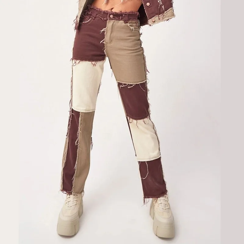 

Woman Patchwork Skinny Straight Leg Jeans Mid Waist Denim Trousers Sexy Color Block Vintage Streetwear Pants Fashion Clothing