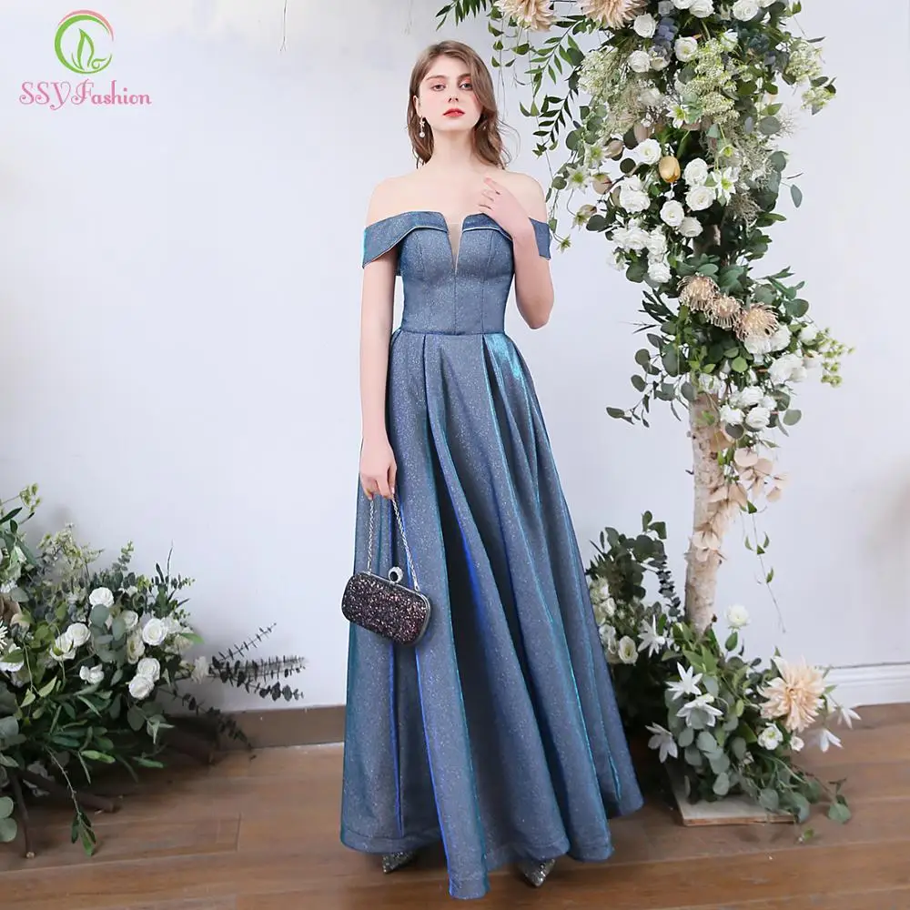 SSYFashion новинка простое вечернее платье вырез лодочкой блестки сверкающие