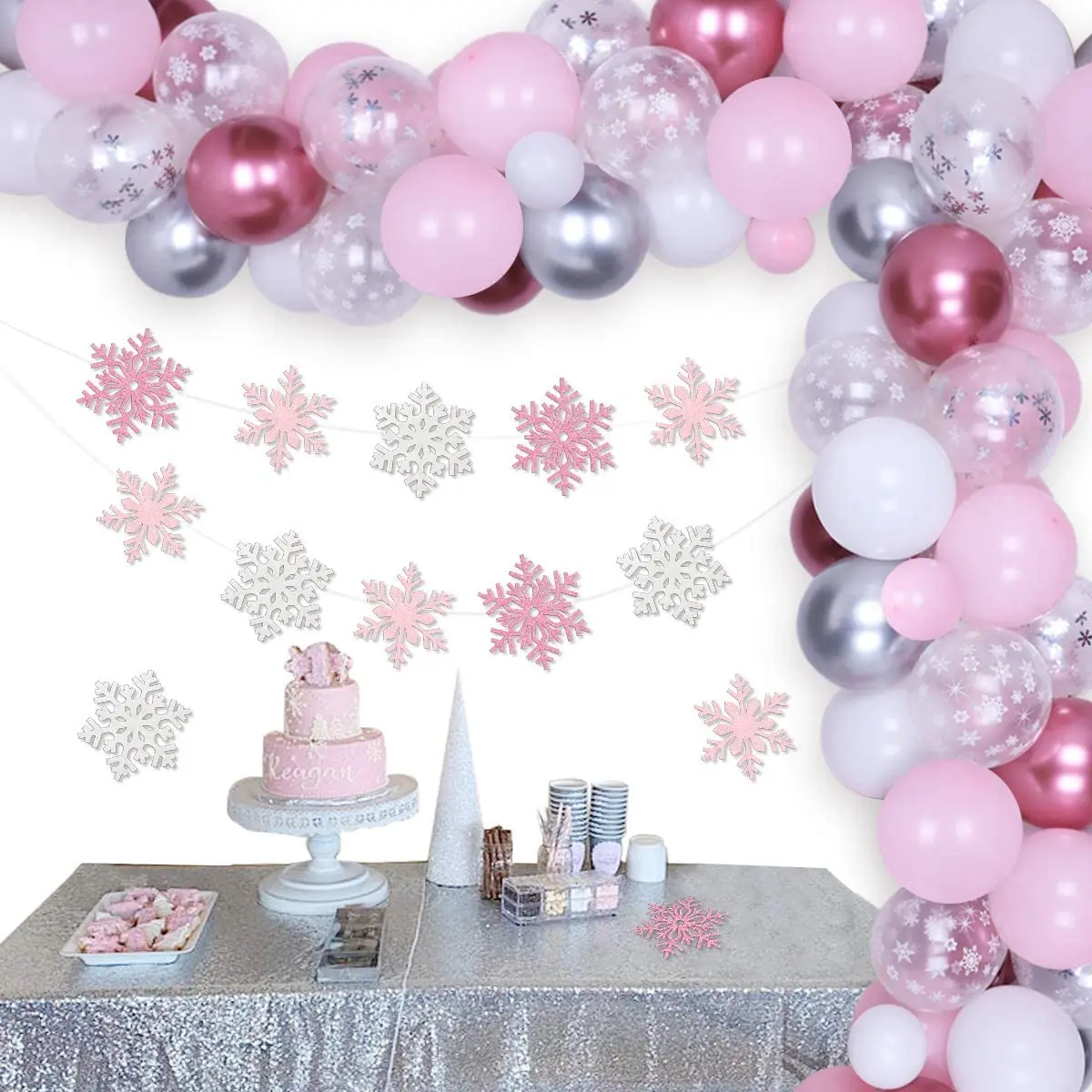 Suministros de fiesta de primer cumplea&ntilde;os con tem&aacute;tica de Frozen rosa, Kit de arco de guirnalda de globos, guirnalda de copo de nieve para ni&ntilde;a, decoraciones para fiesta de Baby Shower-0