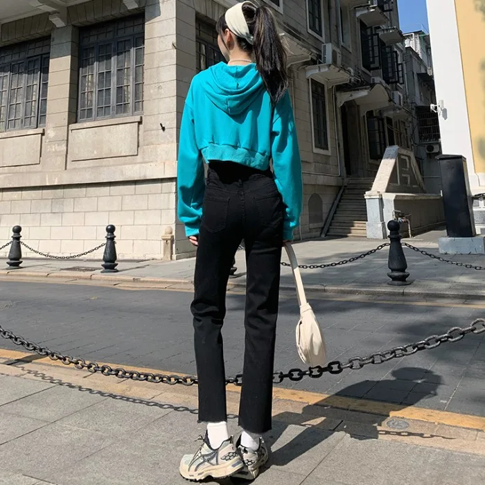 

Black High Waist Jeans for Women 2021 Early Spring New Korean Style All-Matching Slimming High-Looking Cropped Straight Chic