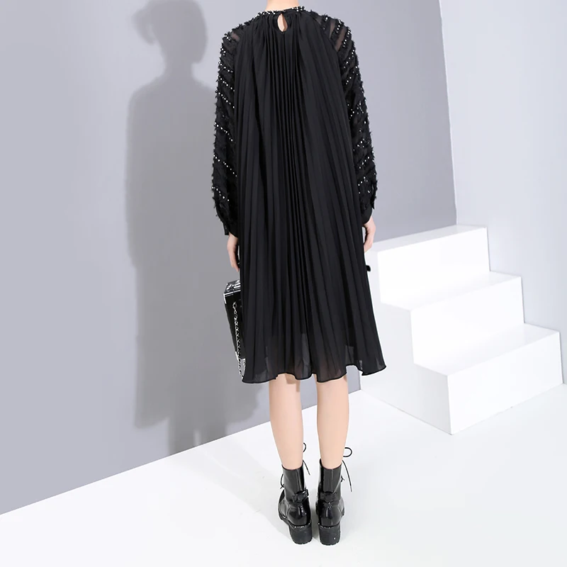 * Новое однотонное черное 2019 Женское зимнее модное плиссированное платье и пояс