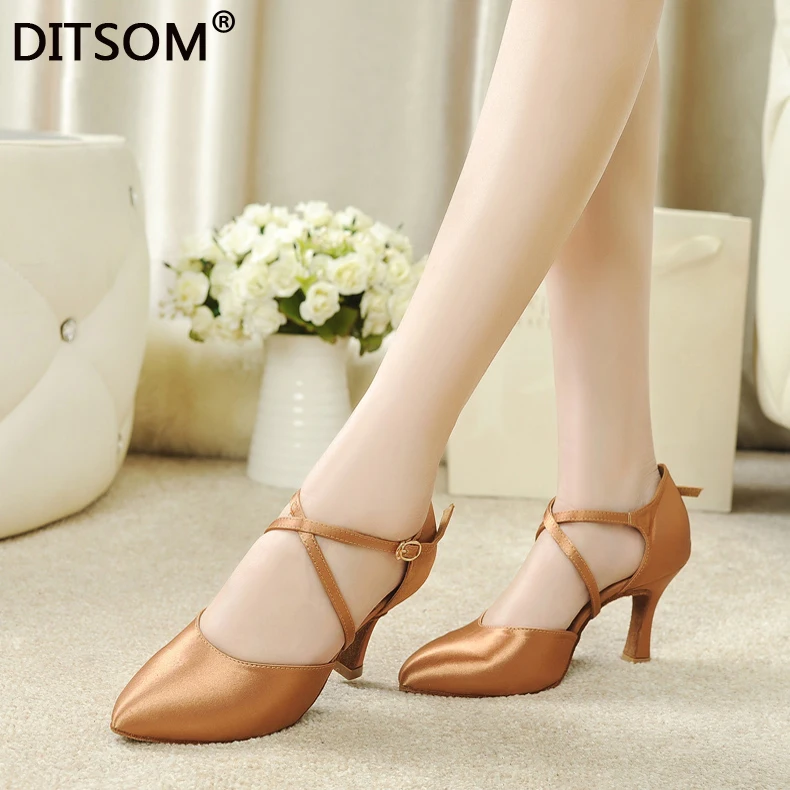 Ladies Girls Ballroom Shoe Shine Satin Women's Dancesport High Heeled Closed Toe Latin Salsa Social Dance Shoes | Спорт и