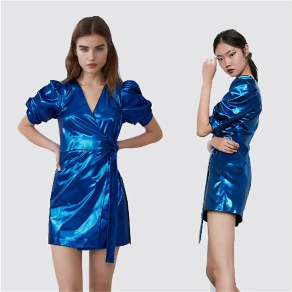 Женское платье с металлическим рисунком ZA богемное короткое v образным вырезом