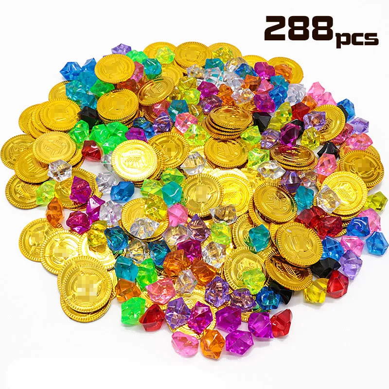 

288 Pieces Toy Pirate Gold Coins Gems Jewelry Playset Pack Children Gift Party Favor (144 Coins+144 Gems) Birthday