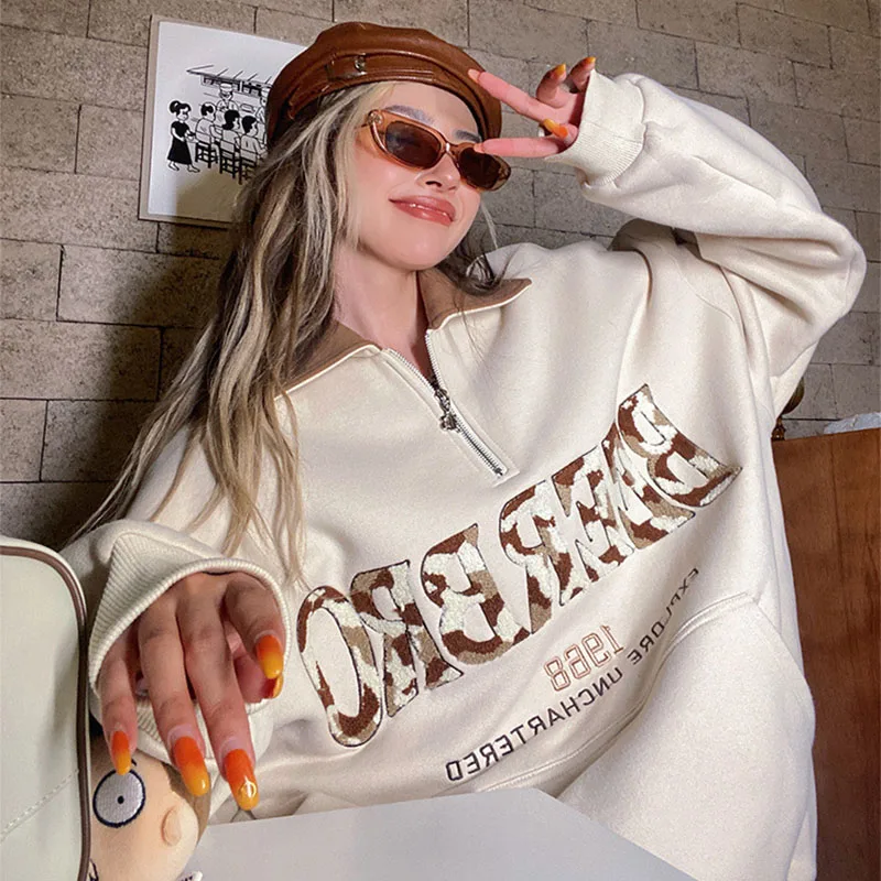 

Женская толстовка с капюшоном, винтажный пуловер с длинным рукавом, на молнии, с вышивкой букв, большие размеры, зима 2021