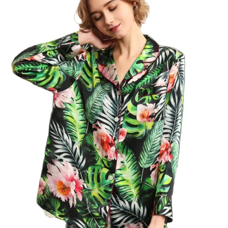 Heavy Silk Pajama Female Spring Autumn Sexy Real Silk Sleepwear Fashion Printed 100% Silkworm Silk Woman Pyjama Sets T8190