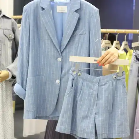 Женский комплект из двух предметов, тонкий хлопково-льняной костюм в полоску, корейский стиль, шорты и пиджак, весна-лето 2022