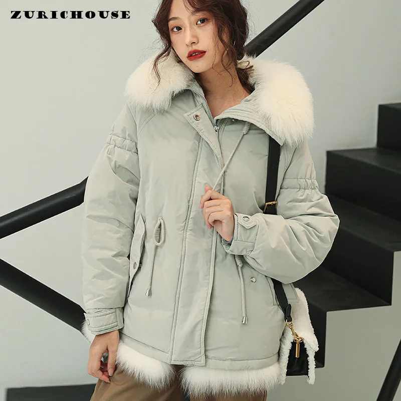 

ZURICHOUSE Luxury Natural Rex Rabbit Fur Women Down Coat Thick 90% White Duck Down Parka Female Warm Loose Winter Jacket Femme