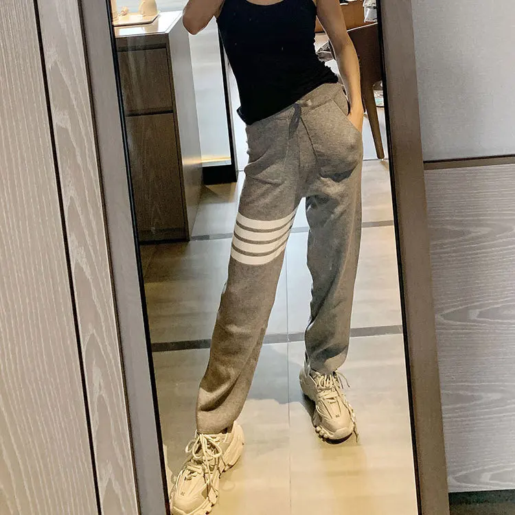 

Fashion TB 2021 Brand Ankle-Length Pants Women Casual Striped Wide Leg Pants Loose High Waist Autumn Winter Knitted Pants