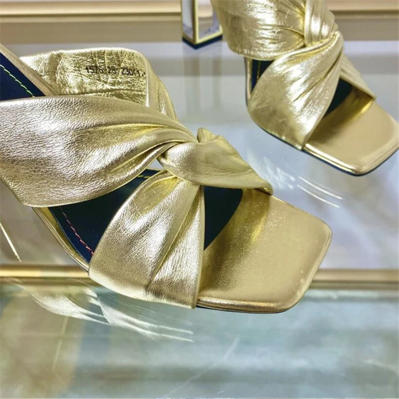 

High Heels Women Slippers Summer New Woman PU Leather Pleated Open Toe Women Shoes Fashion Square Head Thick Heels Women Slides