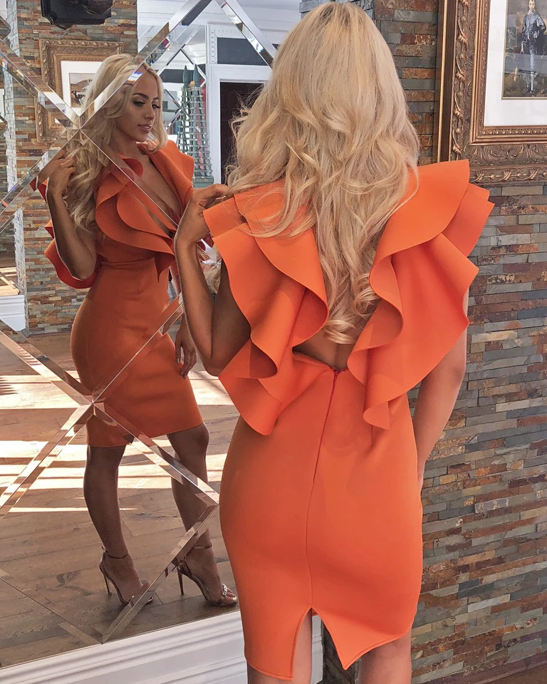 

Orange Dress 2019 New Arrivals Summer Bodycon Sleeveless Autumn Stretchy V Neck Ruffles Party Dresses SO-2