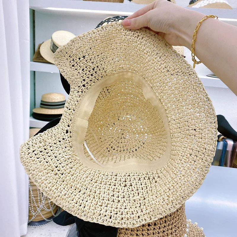

202106-2508711-ww summer Crochet hand knitting paper pearl bowknot holiday lady sun cap women leisure hat