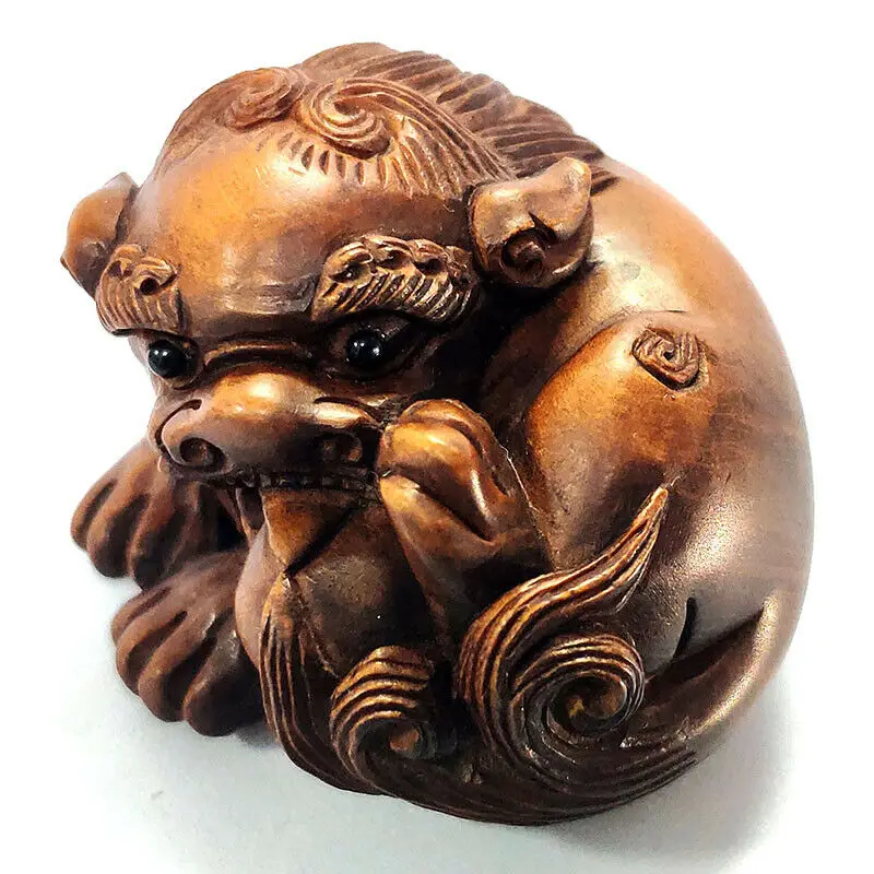 

Коллекционная 2-Дюймовая японская скульптура из бокса 20 лет ручная резьба Netsuke миниатюрная скульптура Happy Foo Dog Lion - # ZY7684
