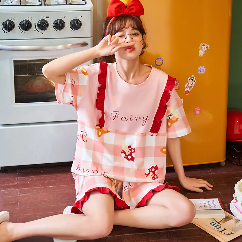 

SLPBELY Women Pajamas Set Night Suit Summer Lovely Cartoon Cotton Casual Pyjamas Kawaii Femmal Nightwear Lounge Wear Homewear