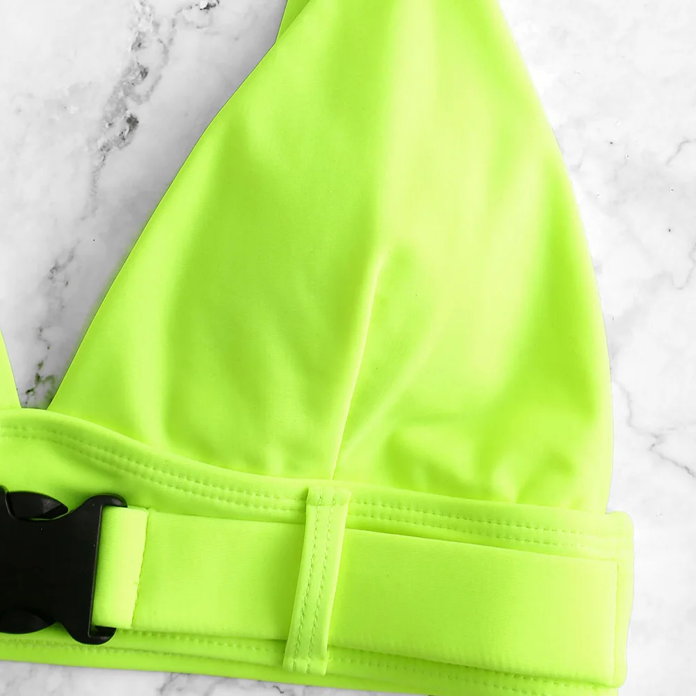 ZAFUL Push Buckle Neon Plunging Bikini Top For Women 2020 Solid Neck Padded Triangle Cup Green Yellow | Спорт и развлечения