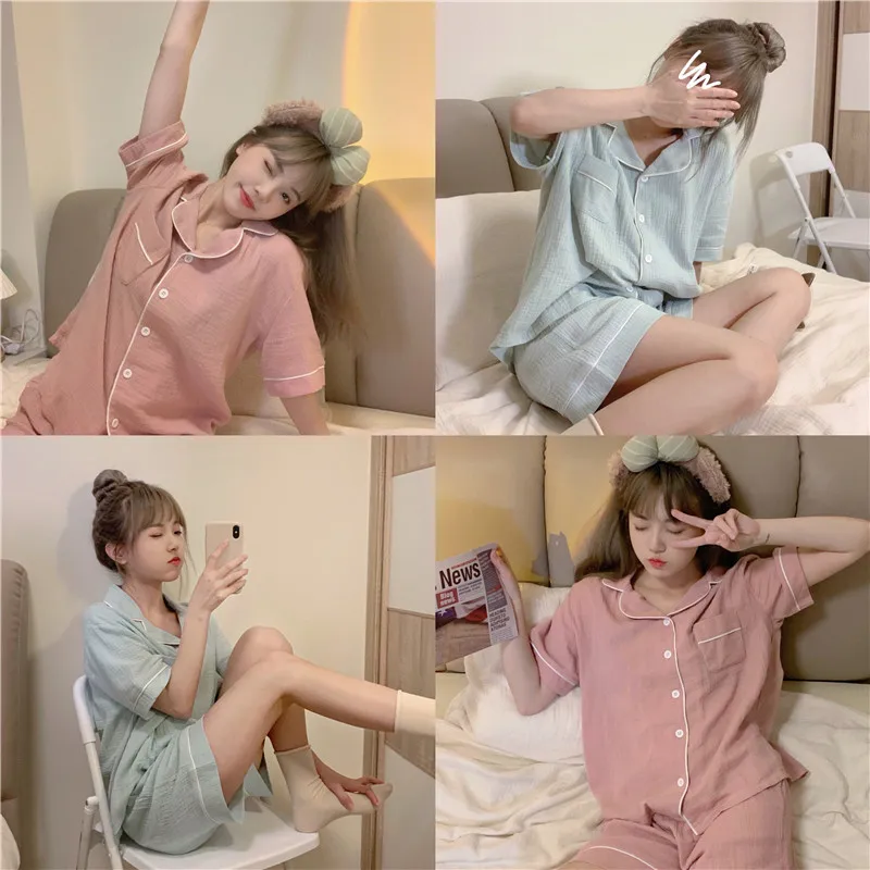 

Marple Summer Sweet Checked Pyjamas Set Korean Lapel Girls Plaid Home Suit Shirts+Shorts Casual Cotton Sleepwear Pocket Thin