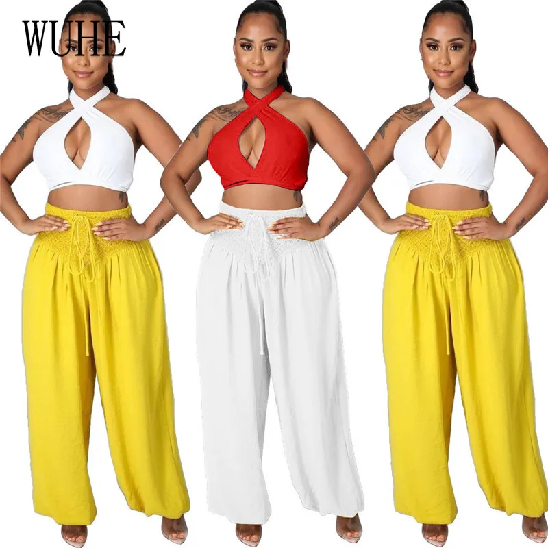 

WUHE Summer Tracksuit Two Piece Set Strapless Cross Halter Hollow Out Crop Top Patchwork Lace Wide Leg Pants Casual Streetwear