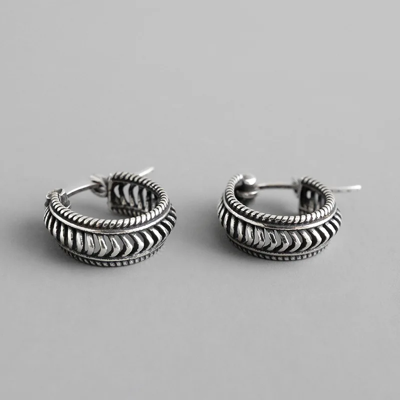 

100% Real 925 Sterling Silver Vintage Small Hoop Earrings Twist Wide Huggie Hoop Earrings Fashion Jewelry for Women E0069
