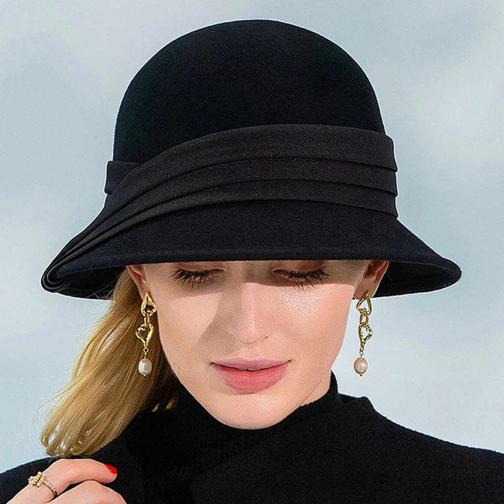 Женская фетровая шляпа-Колокол FS шляпа из верблюжьей шерсти с лентой черного и