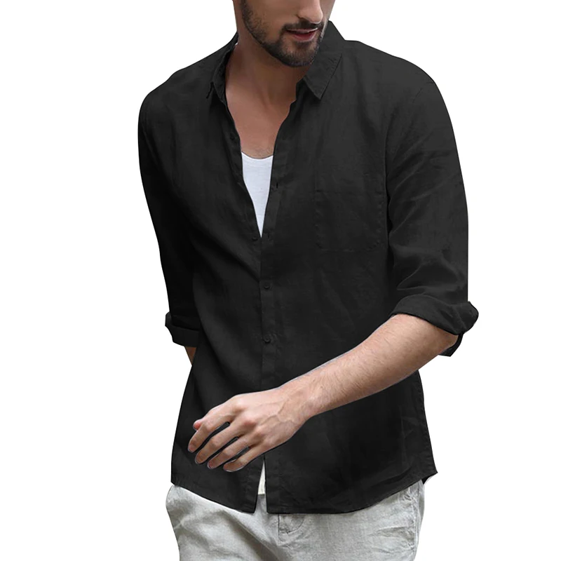 Мужская рубашка с отложным воротником и коротким рукавом однотонные свободные