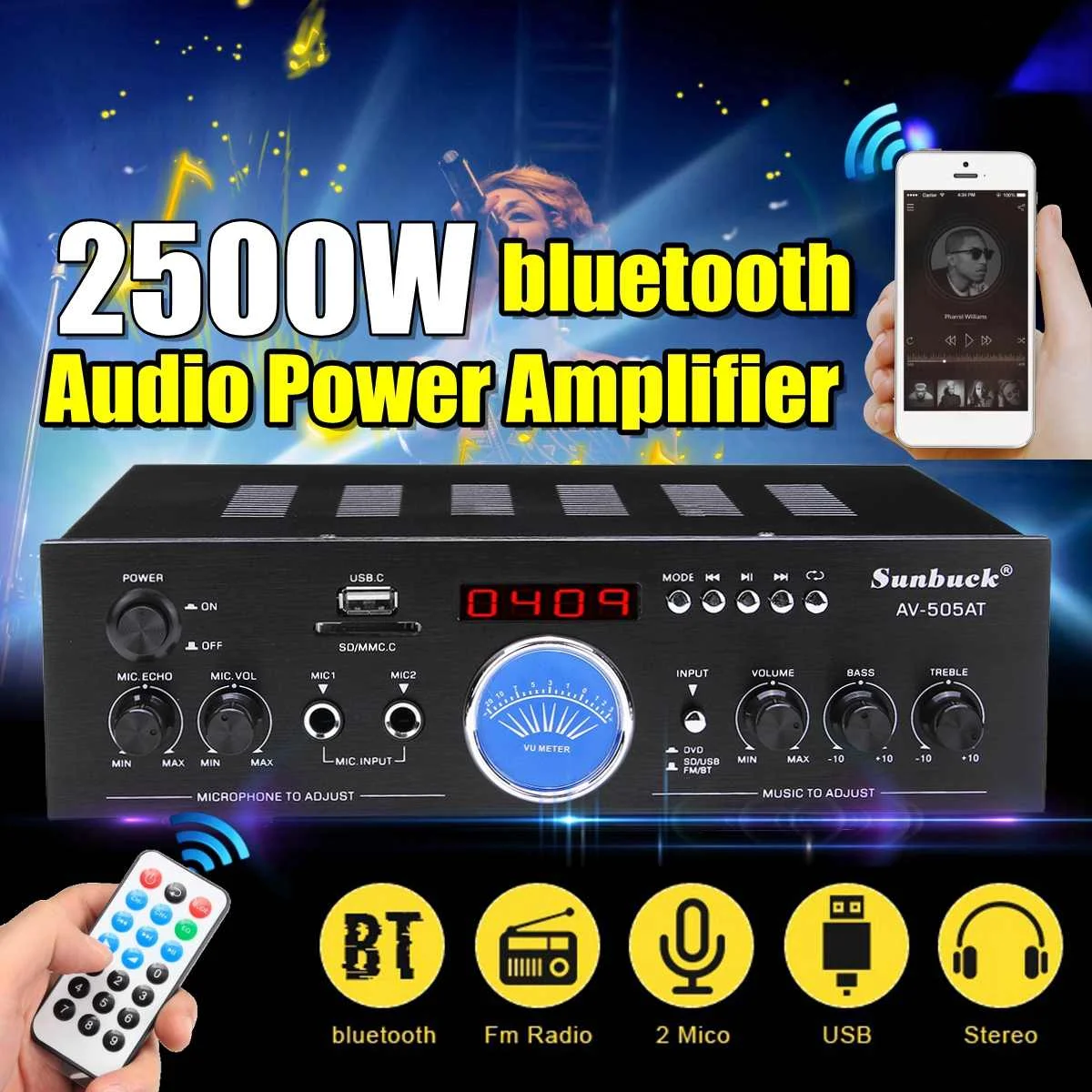 

Лидер продаж, bluetooth, 2,0 каналов, 2500 Вт, усилитель мощности звука, Hi-Fi, 12 В/220 В, динамик AV Amp с пультом дистанционного управления для автомобиля и ...