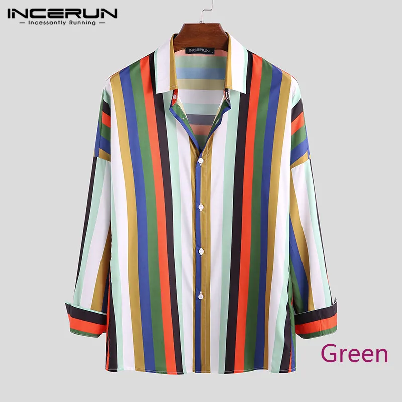 Green Shirt INCERUN стильная рубашка в полоску с цветным блоком для мужчин, дышащий с длинным рукавом, на пуговицах, уличный лацкан, свободные базовые рубашки для мужчин Camisa - Цвет: Green Shirt